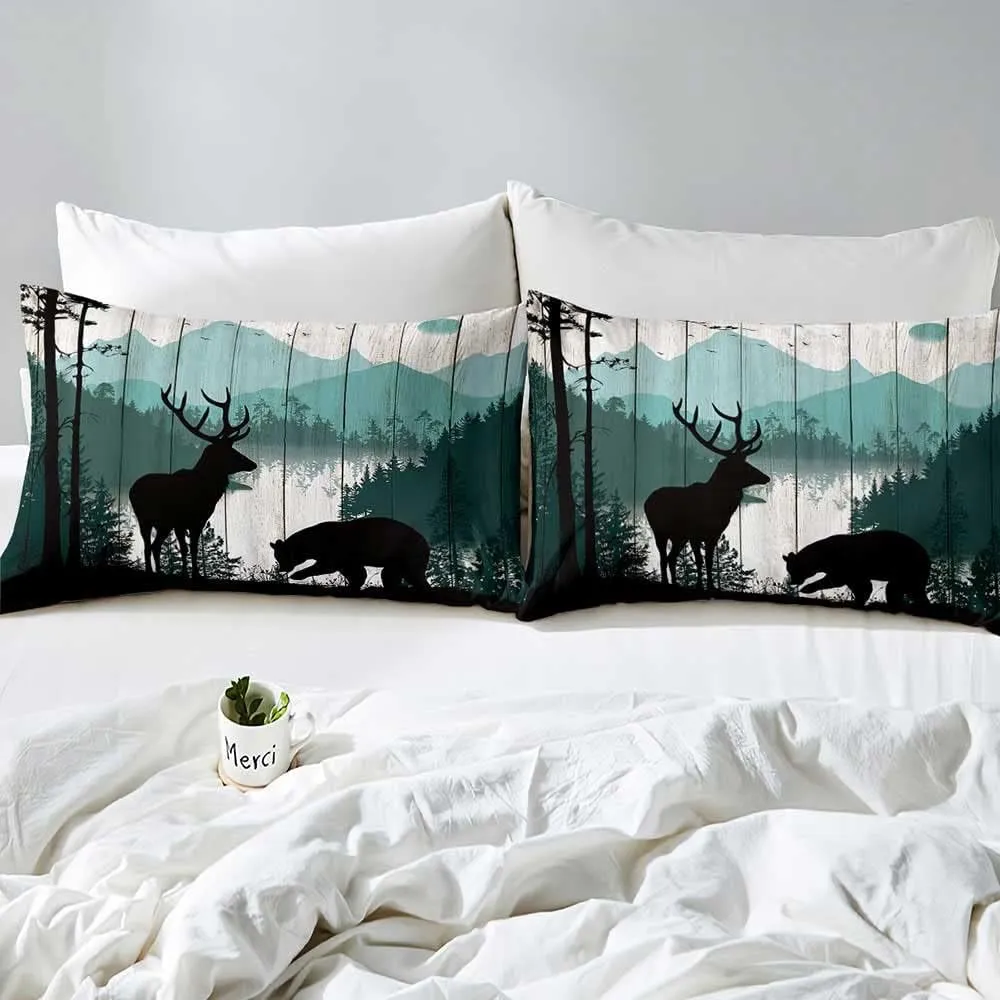LUVIVIHOME 3PCS Black Bear Deer Duvet Cover, King Bedding, Cabin Rustic Bedding, Teal Mountain Forest Animal Wildlife Hunting Lodge Quilt Comforter Cover Country Farmhouse Bedroom Decor 2 Pillow Shams