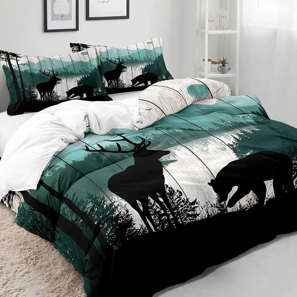 LUVIVIHOME 3PCS Black Bear Deer Duvet Cover, King Bedding, Cabin Rustic Bedding, Teal Mountain Forest Animal Wildlife Hunting Lodge Quilt Comforter Cover Country Farmhouse Bedroom Decor 2 Pillow Shams