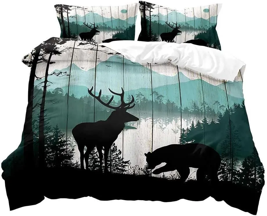 LUVIVIHOME 3PCS Black Bear Deer Duvet Cover, King Bedding, Cabin Rustic Bedding, Teal Mountain Forest Animal Wildlife Hunting Lodge Quilt Comforter Cover Country Farmhouse Bedroom Decor 2 Pillow Shams