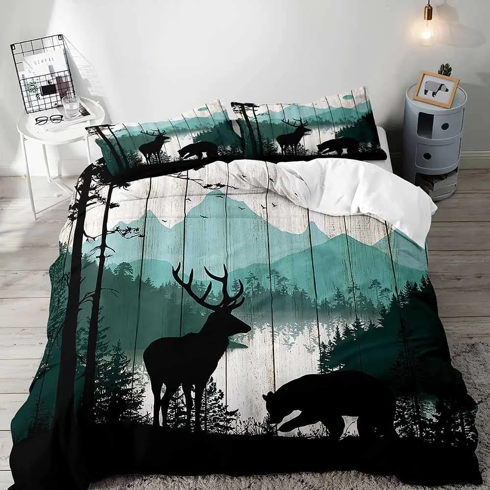 LUVIVIHOME 3PCS Black Bear Deer Duvet Cover, King Bedding, Cabin Rustic Bedding, Teal Mountain Forest Animal Wildlife Hunting Lodge Quilt Comforter Cover Country Farmhouse Bedroom Decor 2 Pillow Shams