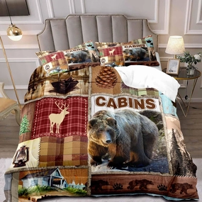 LUVIVIHOME 3PCS Rustic Lodge Comforter Set King Size, Bear Bedding Sets, Elk Deer Forest Woodland Animals Wildlife Hunting Country Farmhouse Red Buffalo Plaid Cabin Patchwork Quilt, 2 Pillow Shams