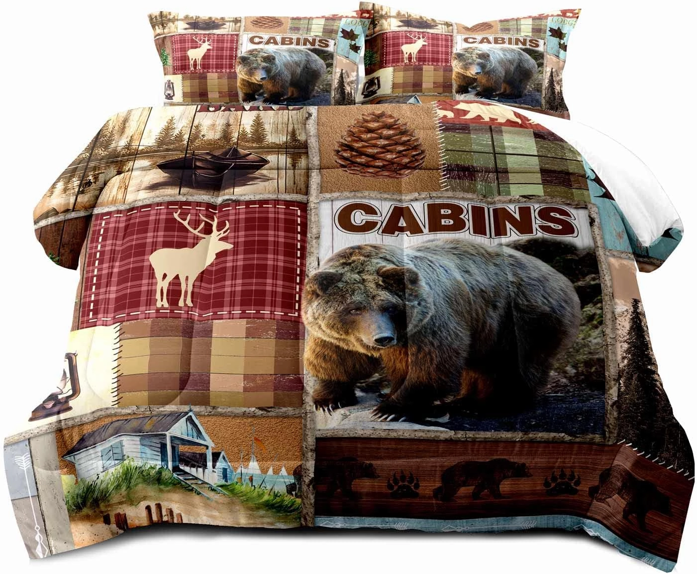 LUVIVIHOME 3PCS Rustic Lodge Comforter Set King Size, Bear Bedding Sets, Elk Deer Forest Woodland Animals Wildlife Hunting Country Farmhouse Red Buffalo Plaid Cabin Patchwork Quilt, 2 Pillow Shams