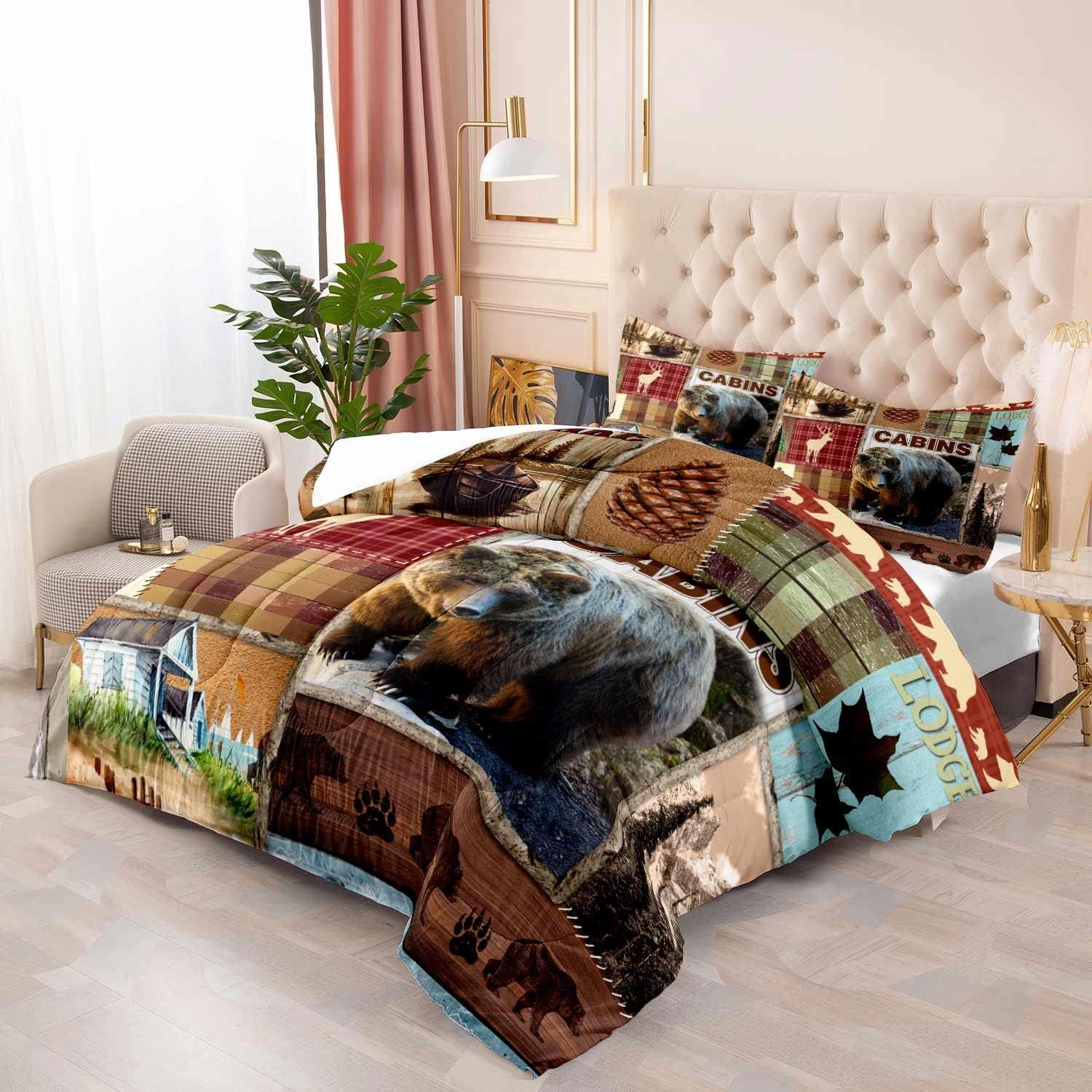 LUVIVIHOME 3PCS Rustic Lodge Comforter Set King Size, Bear Bedding Sets, Elk Deer Forest Woodland Animals Wildlife Hunting Country Farmhouse Red Buffalo Plaid Cabin Patchwork Quilt, 2 Pillow Shams