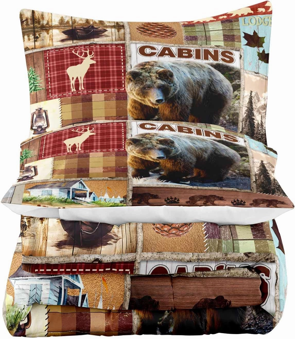 LUVIVIHOME 3PCS Rustic Lodge Comforter Set King Size, Bear Bedding Sets, Elk Deer Forest Woodland Animals Wildlife Hunting Country Farmhouse Red Buffalo Plaid Cabin Patchwork Quilt, 2 Pillow Shams