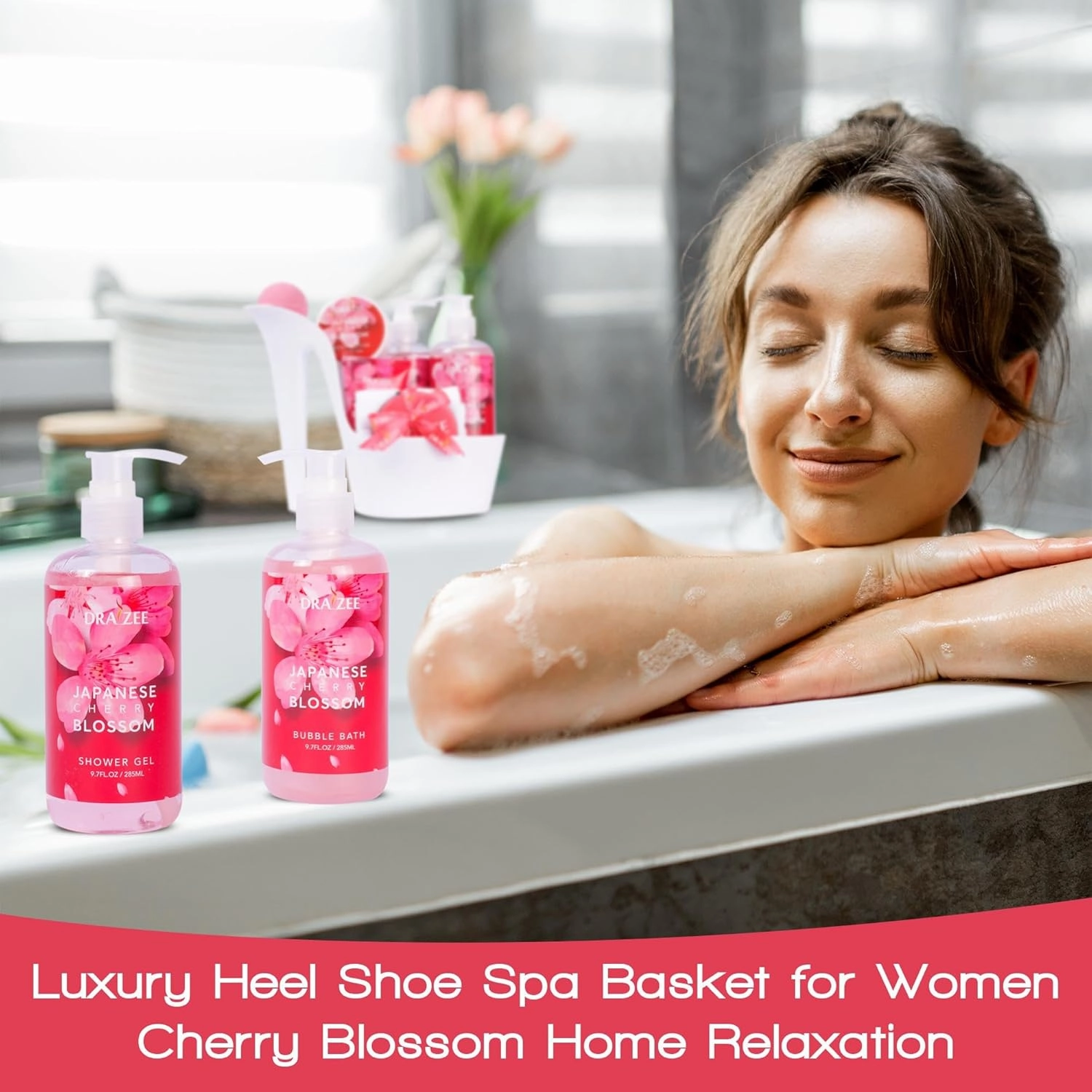 Luxury Spa Gifts for Women – 8 Pc Cherry Blossom Scented Bath and Body Set with Bubble Bath, Lotion & More – Luxury Self Care Kit for Wife, Mom, Girlfriend, Birthday Gifts for Women by Draizee