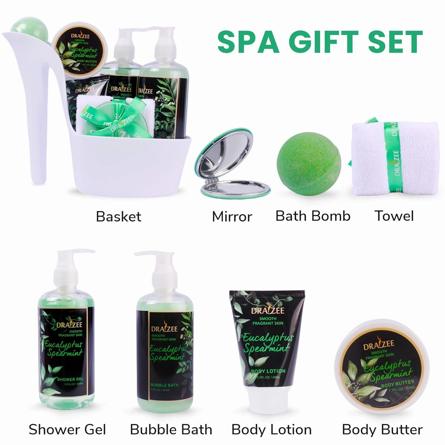 Luxury Spa Gifts for Women – 8 Pc Eucalyptus Spearmint Scented Bath and Body Set with Bubble Bath, Lotion & More – Luxury Self Care Kit for Wife, Mom, Girlfriend, Birthday Gifts for Women by Draizee