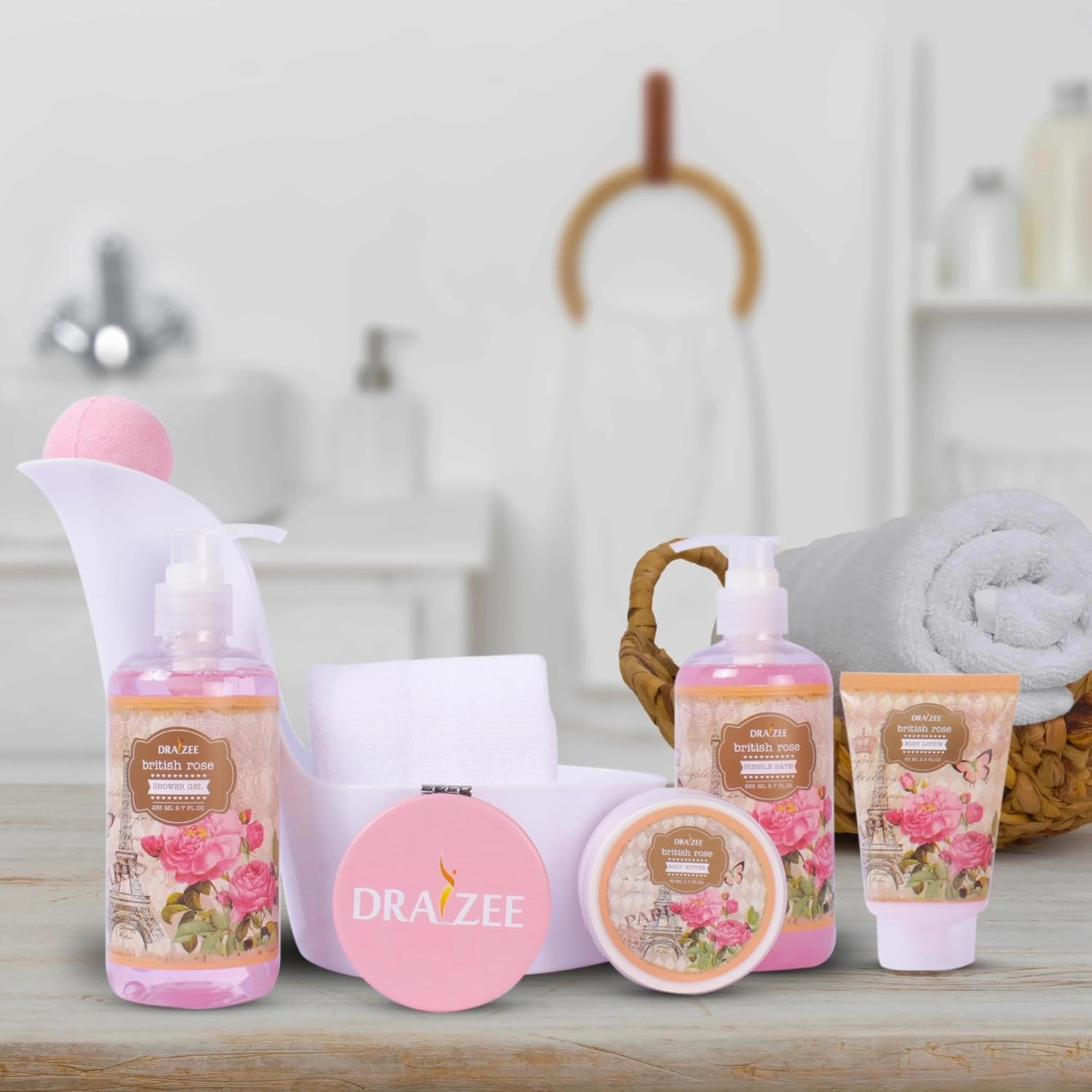 Luxury Spa Gifts for Women – 8 Pc Rose Scented Bath and Body Set with Bubble Bath, Lotion & More – Luxury Self Care Kit for Wife, Mom, Girlfriend, Birthday Gifts for Women by Draizee