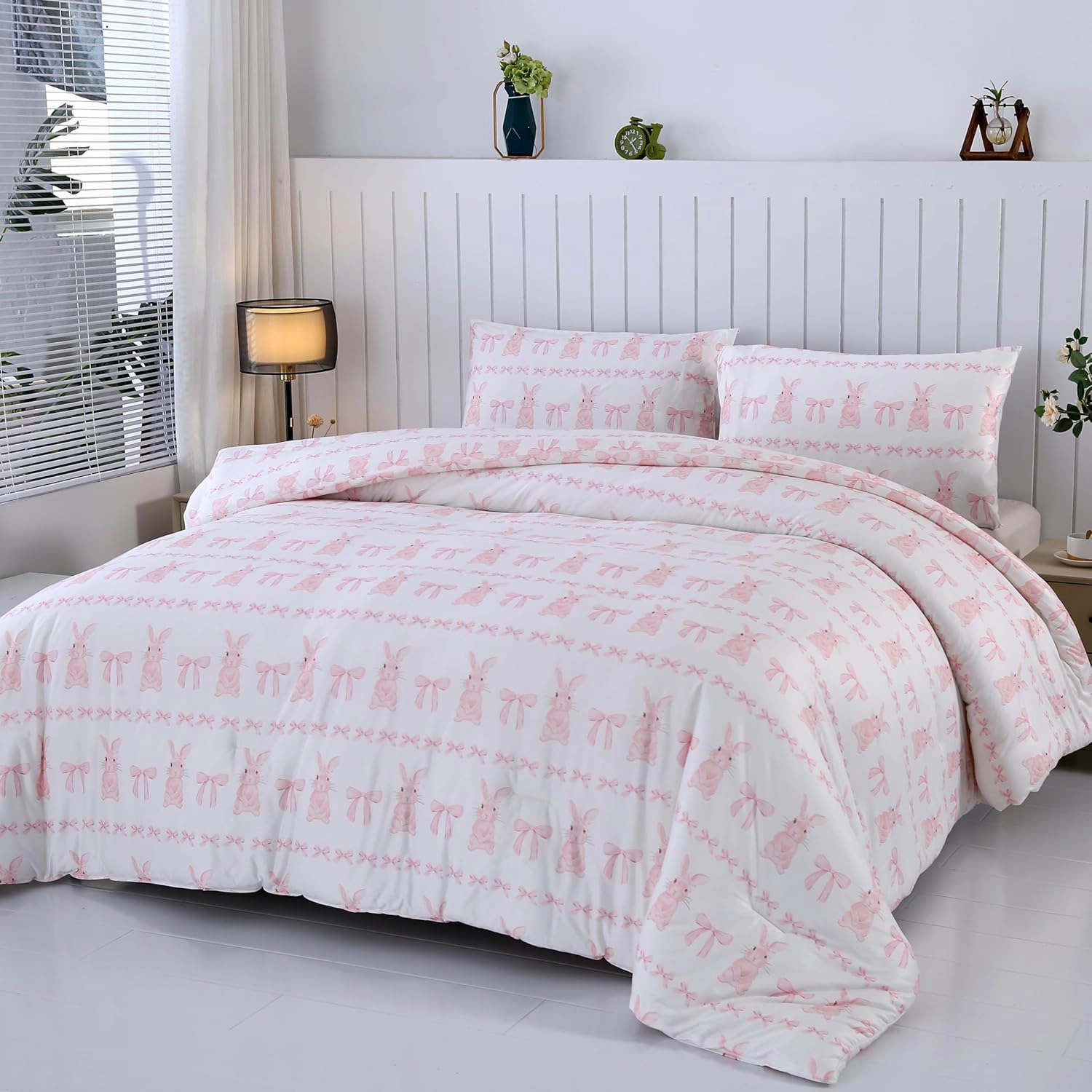 MAG 3Pcs Pink Rabbit Jersey Comforter,Easter Theme,Bow Comforter Full,Bunny Bedding Full Size,Cute Bedding Full Size for Girls Boys Kids,Toddler,Elastic,Breathable,Super Soft.