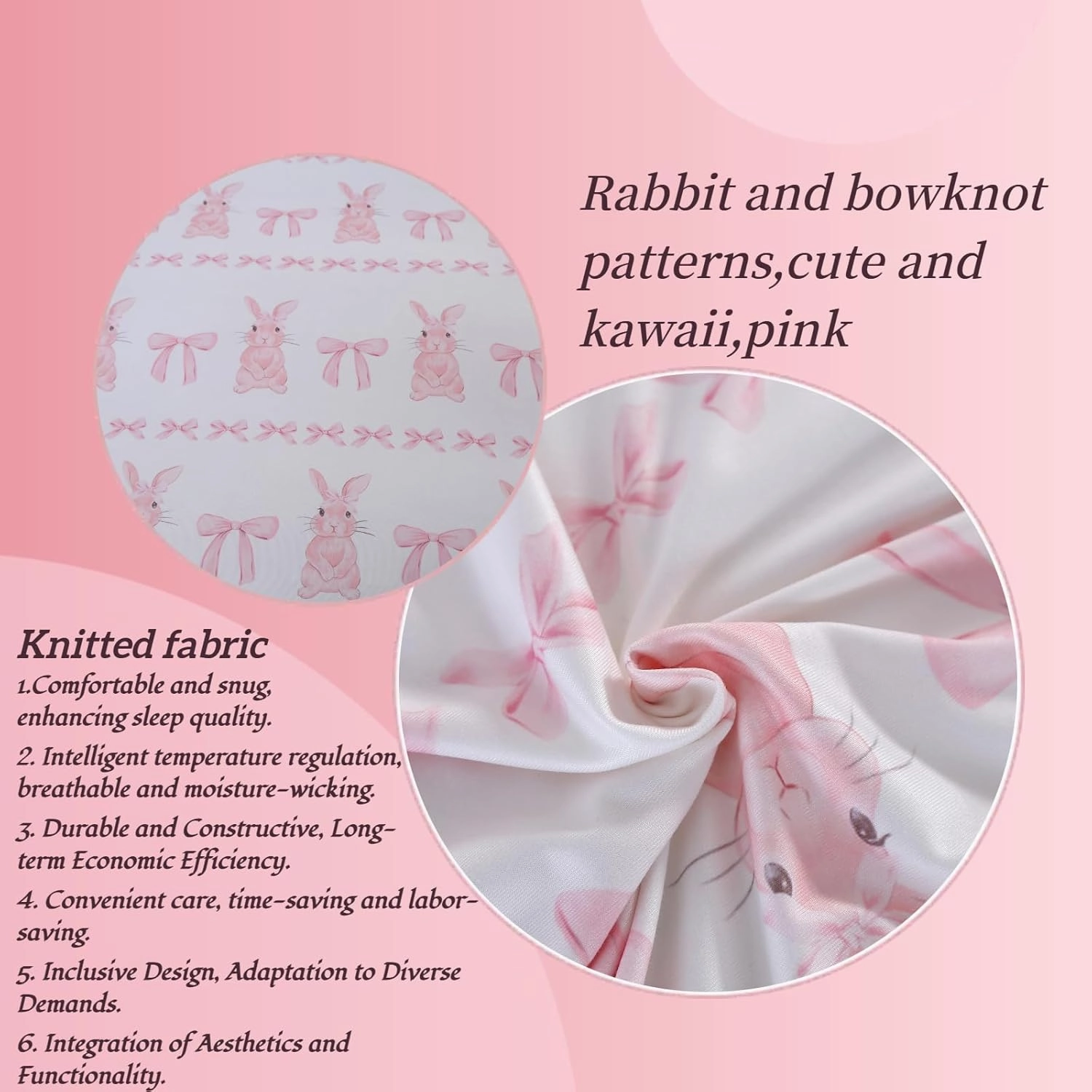 MAG 3Pcs Pink Rabbit Jersey Comforter,Easter Theme,Bow Comforter Full,Bunny Bedding Full Size,Cute Bedding Full Size for Girls Boys Kids,Toddler,Elastic,Breathable,Super Soft.