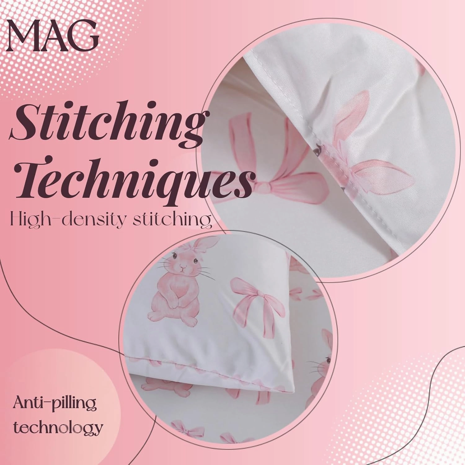 MAG 3Pcs Pink Rabbit Jersey Comforter,Easter Theme,Bow Comforter Full,Bunny Bedding Full Size,Cute Bedding Full Size for Girls Boys Kids,Toddler,Elastic,Breathable,Super Soft.