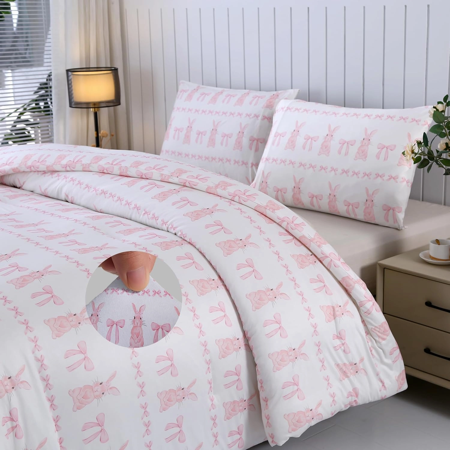 MAG 3Pcs Pink Rabbit Jersey Comforter,Easter Theme,Bow Comforter Full,Bunny Bedding Full Size,Cute Bedding Full Size for Girls Boys Kids,Toddler,Elastic,Breathable,Super Soft.