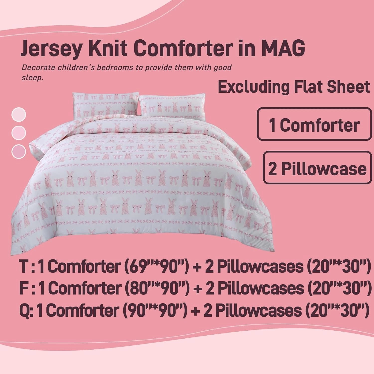 MAG 3Pcs Pink Rabbit Jersey Comforter,Easter Theme,Bow Comforter Full,Bunny Bedding Full Size,Cute Bedding Full Size for Girls Boys Kids,Toddler,Elastic,Breathable,Super Soft.