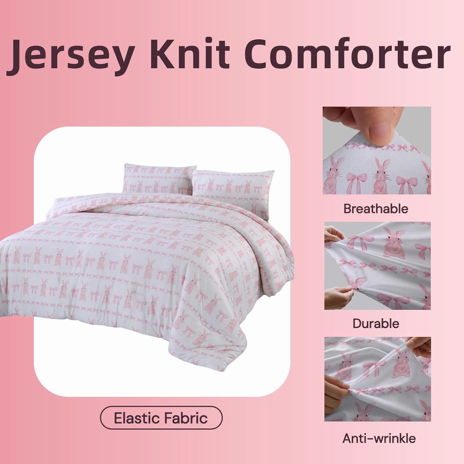 MAG 3Pcs Pink Rabbit Jersey Comforter,Easter Theme,Bow Comforter Full,Bunny Bedding Full Size,Cute Bedding Full Size for Girls Boys Kids,Toddler,Elastic,Breathable,Super Soft.