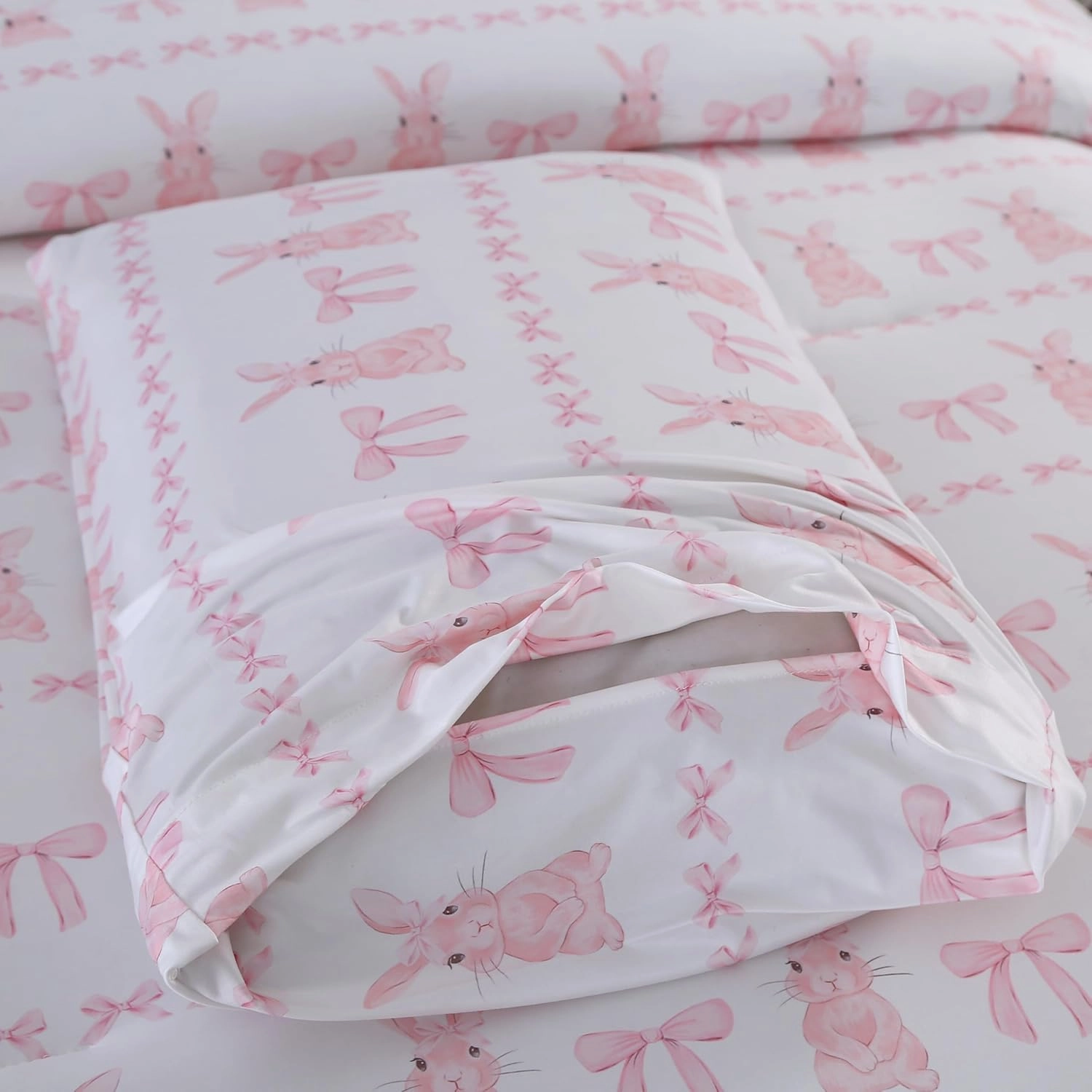 MAG 3Pcs Pink Rabbit Jersey Comforter,Easter Theme,Bow Comforter Full,Bunny Bedding Full Size,Cute Bedding Full Size for Girls Boys Kids,Toddler,Elastic,Breathable,Super Soft.