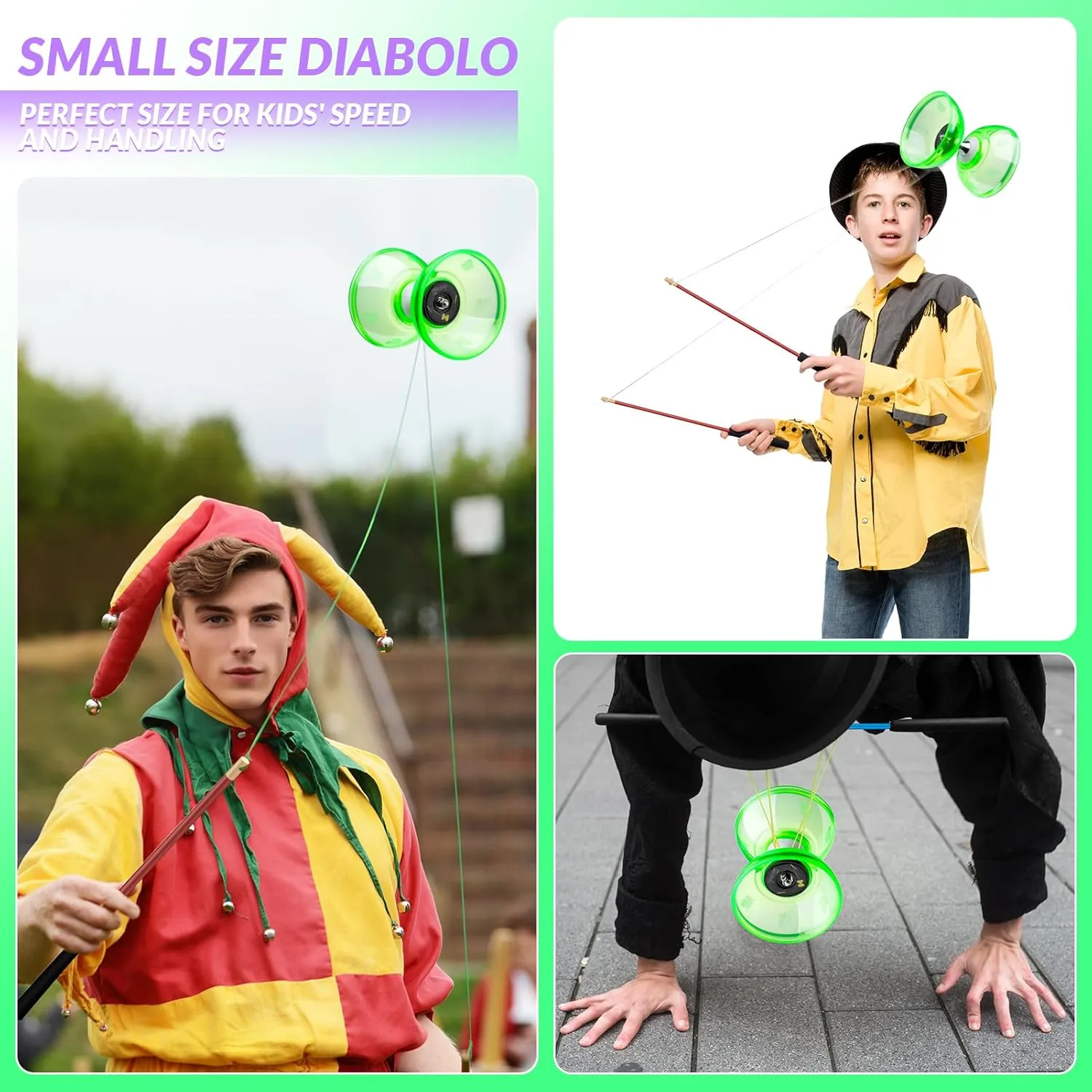 MAGICYOYO Pro Triple Bearing Diabolo Small Size 4” Chinese Yoyo Toy with 2 Pairs Carbon Sticks  2 Extra Strings  1 Net Bag, High Performance Chinese Yoyo Diabolo Skill Toy (Green)