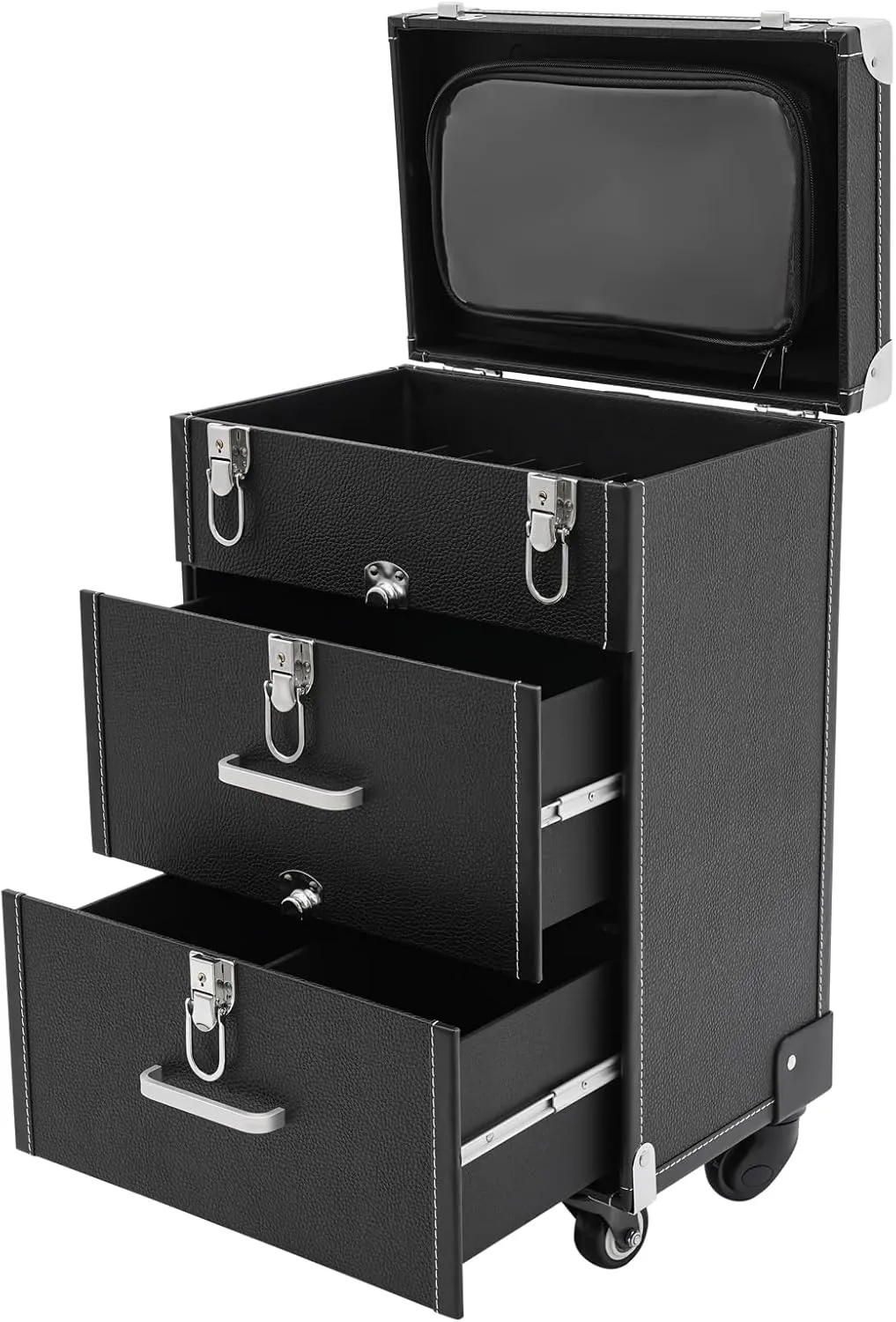Makeup Train Case Large Storage Makeup Travel Case with Keys & 360° Swivel Wheels, Professional Makeup Case Cosmetic Train Cases w/Drawers, Make up Case for Nail Art/Hair Styling