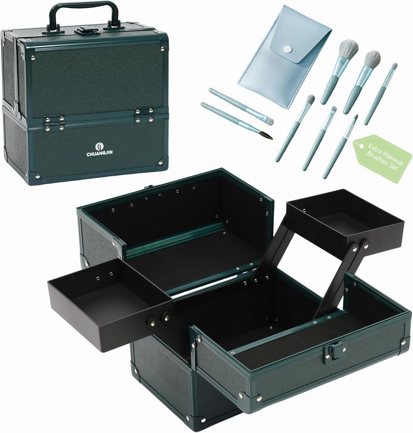 Makeup Train Case 2 Trays Makeup Box Organizer Portable Travel Makeup Case Lockable Makeup Storage Organizer Cosmetic Box for Jewelry Nail Tech Brushes Accessories Tool,Green Pro