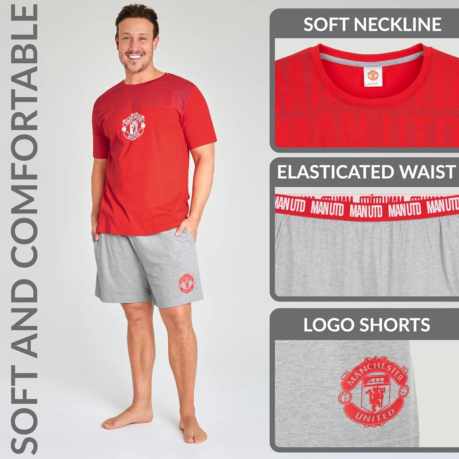 Manchester United F.C. Mens Pajamas Set, Breathable 2 Piece Short Lounge Wear - Gifts for Men