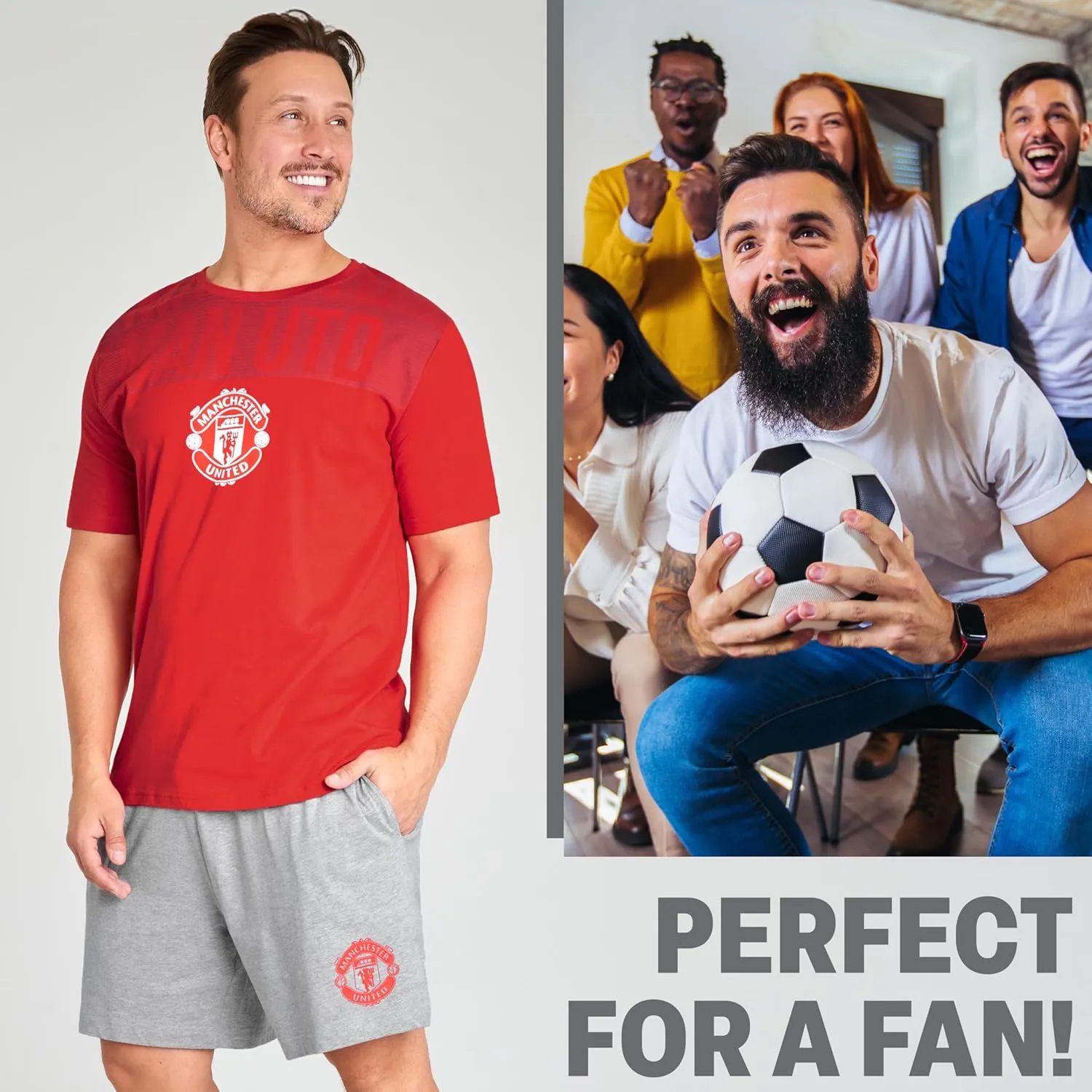 Manchester United F.C. Mens Pajamas Set, Breathable 2 Piece Short Lounge Wear - Gifts for Men