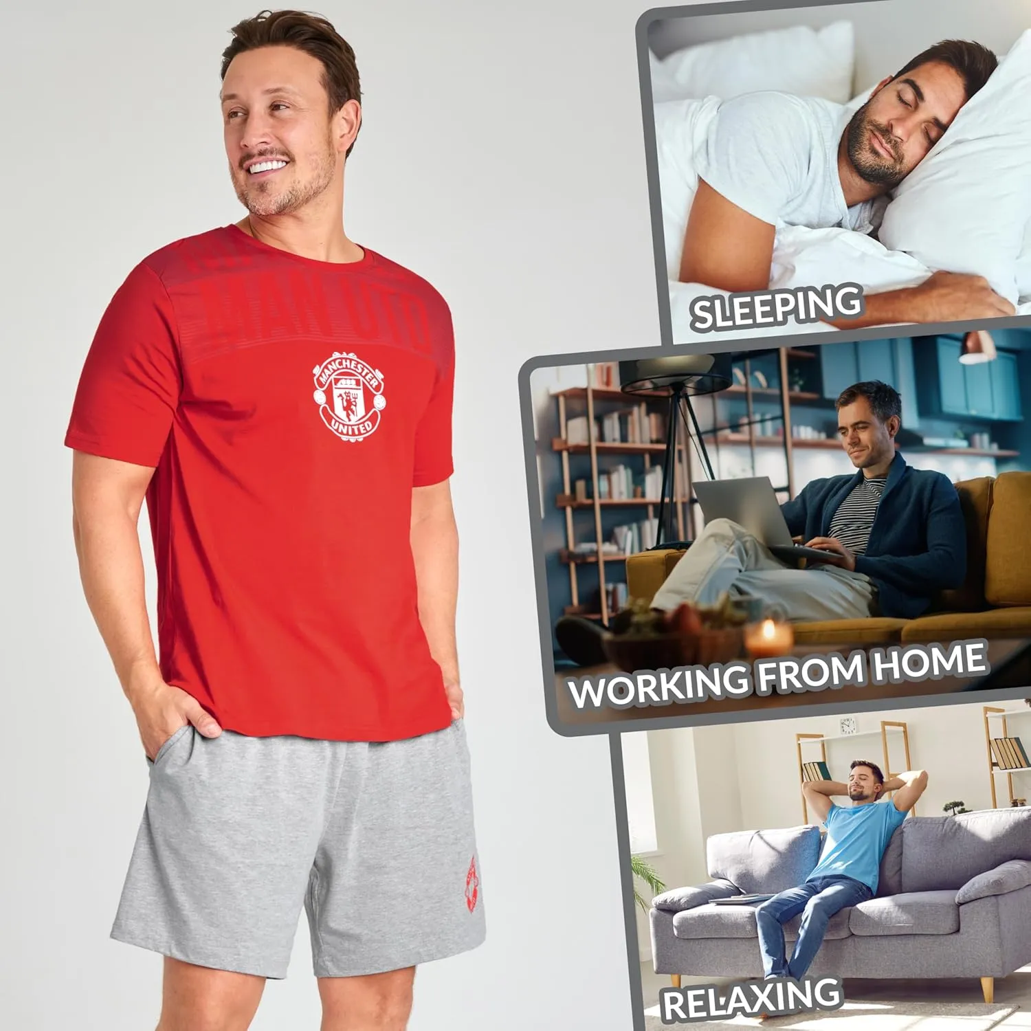 Manchester United F.C. Mens Pajamas Set, Breathable 2 Piece Short Lounge Wear - Gifts for Men