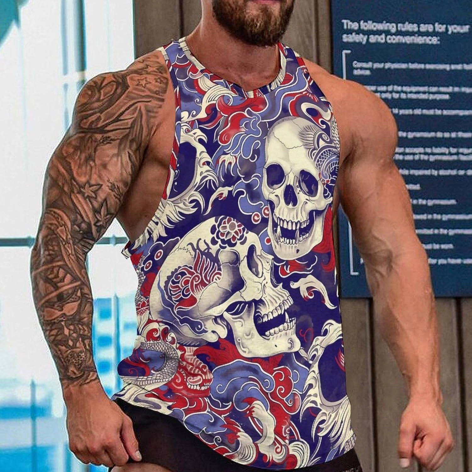 MARSVOVO Mens US Flag Tank Tops Skull Graphic Print Sleeveless Crew Neck Western Shirts for Men Fashion Vest