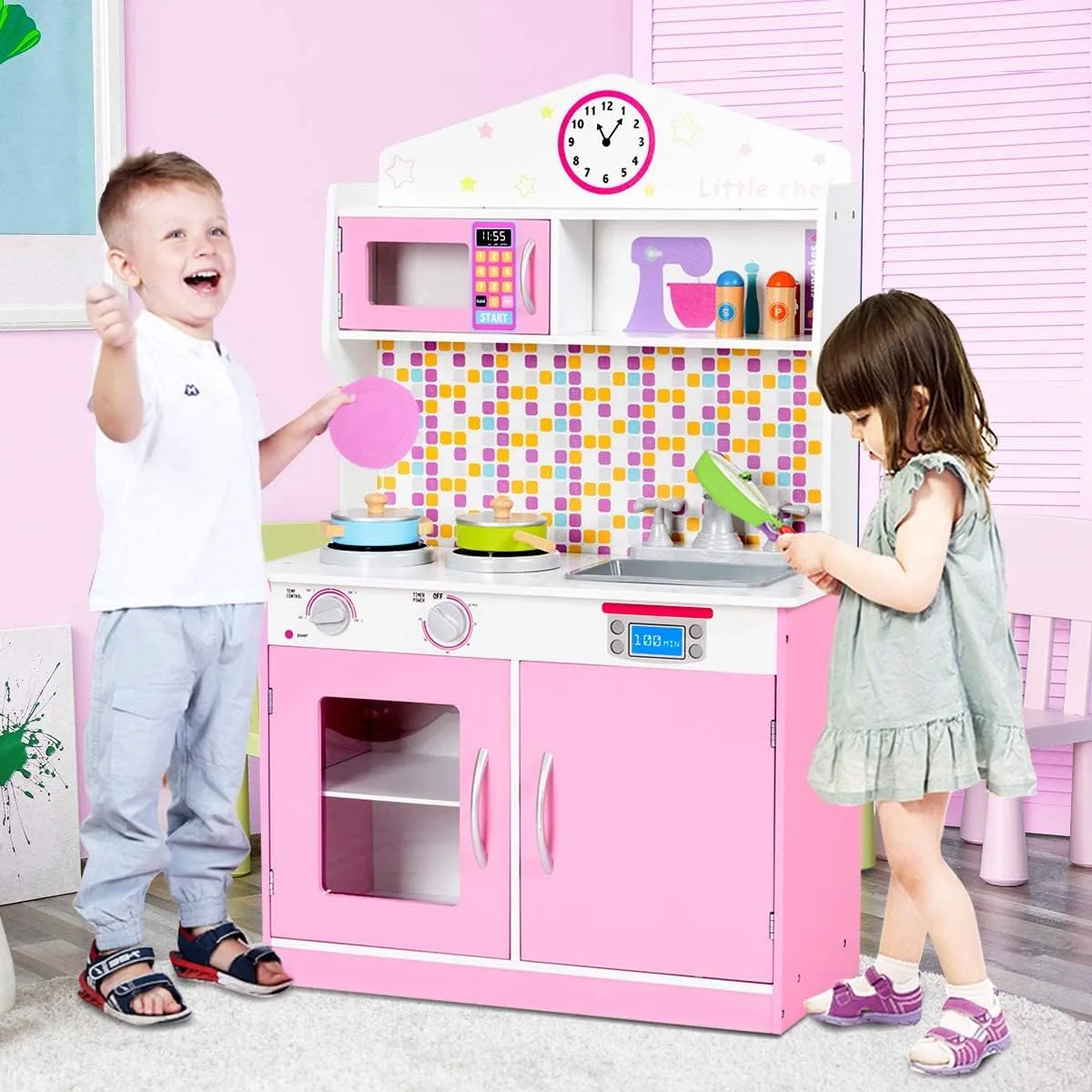 MAT EXPERT Kids Kitchen Playset, Wooden Chef Pretend Toy Kitchen w/Removable Sink, Cookware Accessories, Microwave, Storage Cabinet, Play Kitchen for Toddlers, Gift for Boys & Girls Age 3 