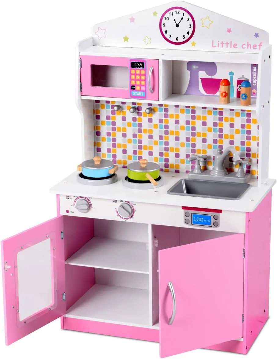 MAT EXPERT Kids Kitchen Playset, Wooden Chef Pretend Toy Kitchen w/Removable Sink, Cookware Accessories, Microwave, Storage Cabinet, Play Kitchen for Toddlers, Gift for Boys & Girls Age 3 