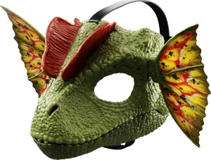 Mattel Jurassic World Role-Play Mask, Dilophosaurus with Venom Launching Water Feature, Sound & Adjustable Frill, Dinosaur Costume Headgear Toy