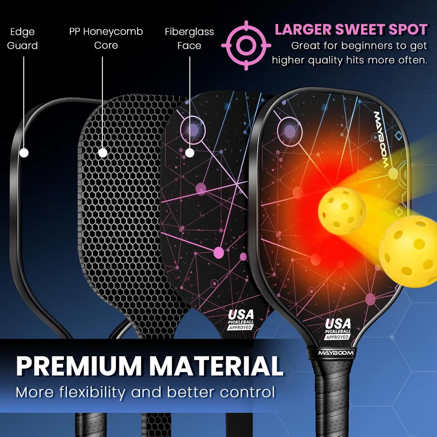Mayboom Pickleball Paddles Set of 2 or 4, USAPA Approved Pickleball Set with 4 Pickleball Balls and Pickleball Bag, Fiberglass Pickle Ball Rackets 2 Pack for Beginner