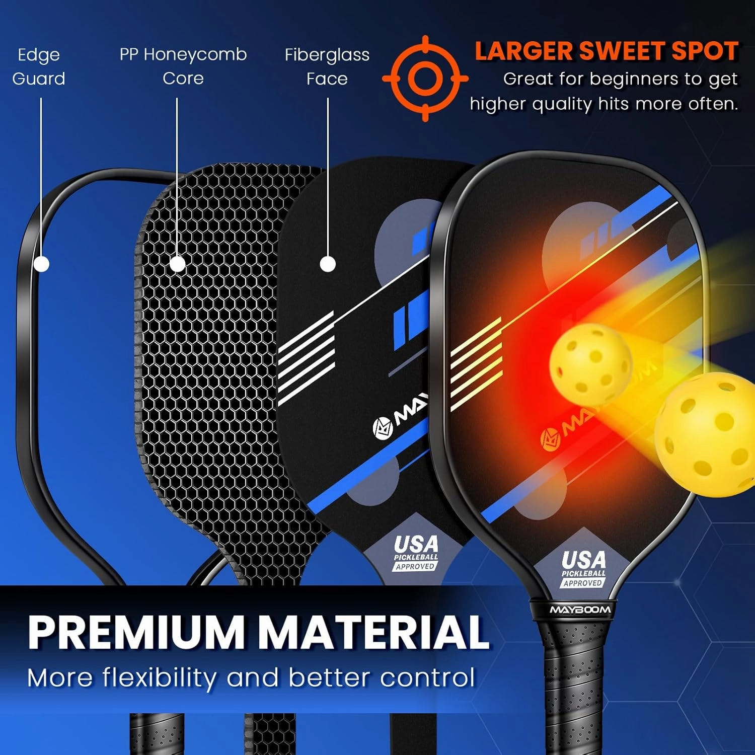 Mayboom Pickleball Paddles Set of 2 or 4, USAPA Approved Pickleball Paddles Set with 4 Pickleball Balls and Pickleball Carry Bag, Fiberglass Pickle Ball Rackets 2 Pack Gifts for Beginners&Pros