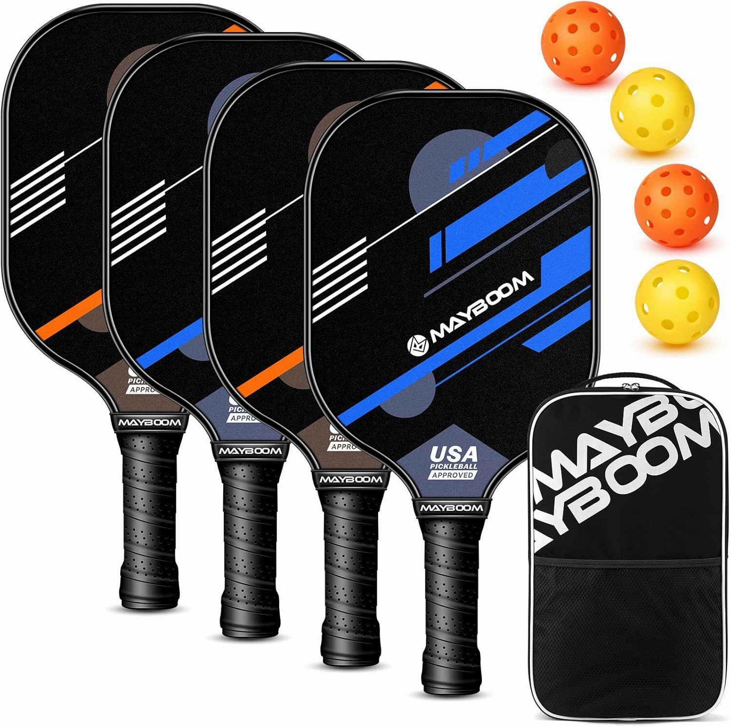 Mayboom Pickleball Paddles Set of 2 or 4, USAPA Approved Pickleball Paddles Set with 4 Pickleball Balls and Pickleball Carry Bag, Fiberglass Pickle Ball Rackets 2 Pack Gifts for Beginners&Pros