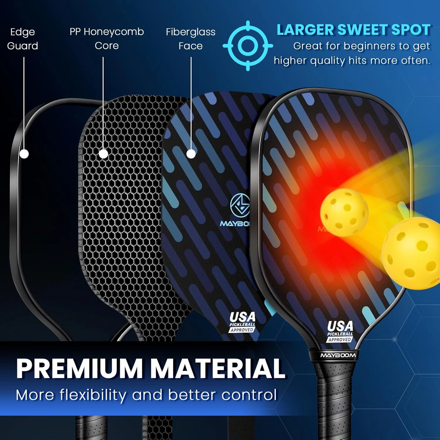 Mayboom Pickleball Paddles Set of 2 or 4, USAPA Approved Pickleball Set with 4 Pickleball Balls and Pickleball Bag, Fiberglass Pickle Ball Rackets 2 Pack for Beginner