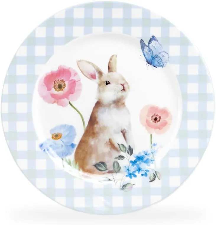 Meadow Bunny Gingham Fine Porcelain 8-inch Dessert Salad Plate, One Plate (Blue)