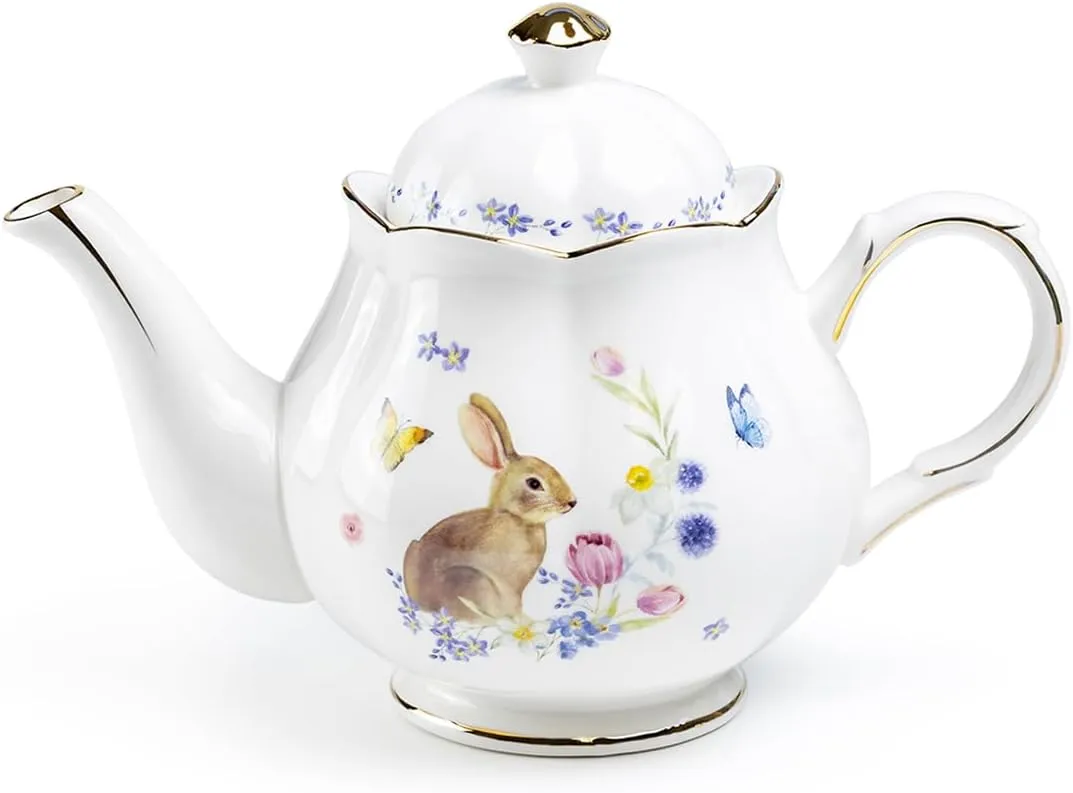 Meadow Bunny Teapot, Spring Easter Meadow Bunny Fine Porcelain Teapot 36oz