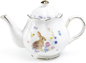 Meadow Bunny Teapot, Spring Easter Meadow Bunny Fine Porcelain Teapot 36oz