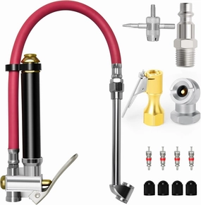 MEANLIN MEASURE Red Heavy Duty Tire Inflator with 120PSI Pressure Gauge, 15" Hose Dual Head Chuck and Lock On Tire Chuck, Air Tire Inflator Tool for Truck Motorcycle Bicycle