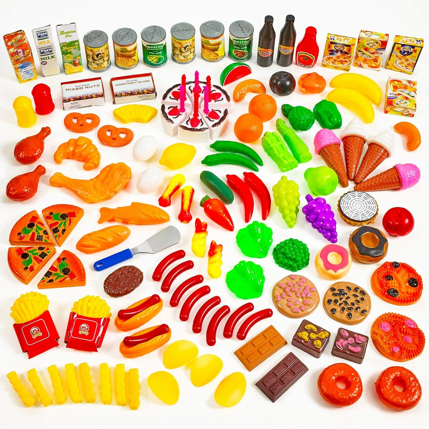 MEDca Kids Play Food Set - 130 Piece Pretend Play Collection - Assorted Fake Food Set Includes Fruits, Vegetables, Snacks, Dessert, Juices, Canned Goods and More for Boys and Girls