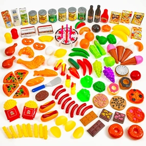 MEDca Kids Play Food Set - 130 Piece Pretend Play Collection - Assorted Fake Food Set Includes Fruits, Vegetables, Snacks, Dessert, Juices, Canned Goods and More for Boys and Girls