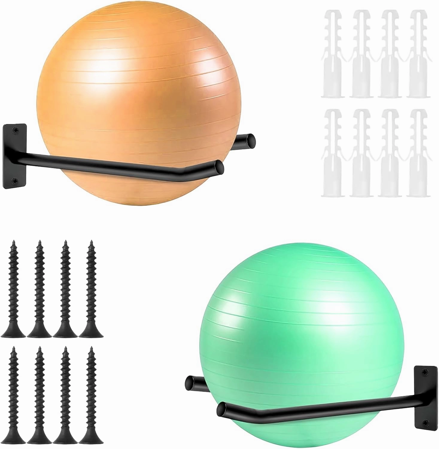 Medicine Ball Rack &Yoga Mat Wall Mount, 2-Pair Exercise Ball Wall Holder, Metal Exercise Ball Holder for Fitness Equipment Storage in Gym or Garage