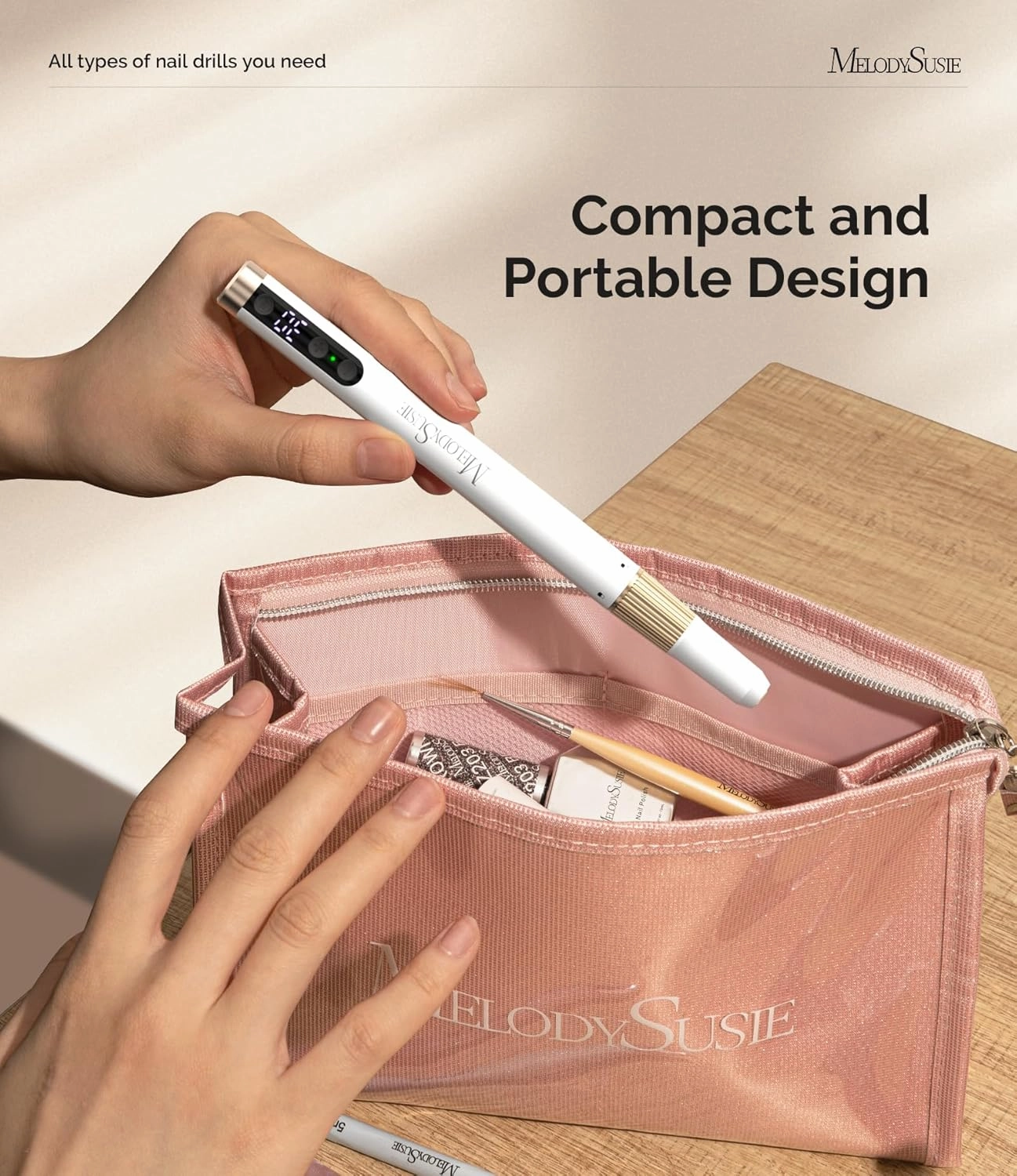 MelodySusie Portable Electric Nail Drill, Cordless 30000RPM Nail EFile with Drill Bits & Ultra Fine Sanding Bands for Manicure Pedicure, Professional Nail Drill Tool for Women, PM180G White