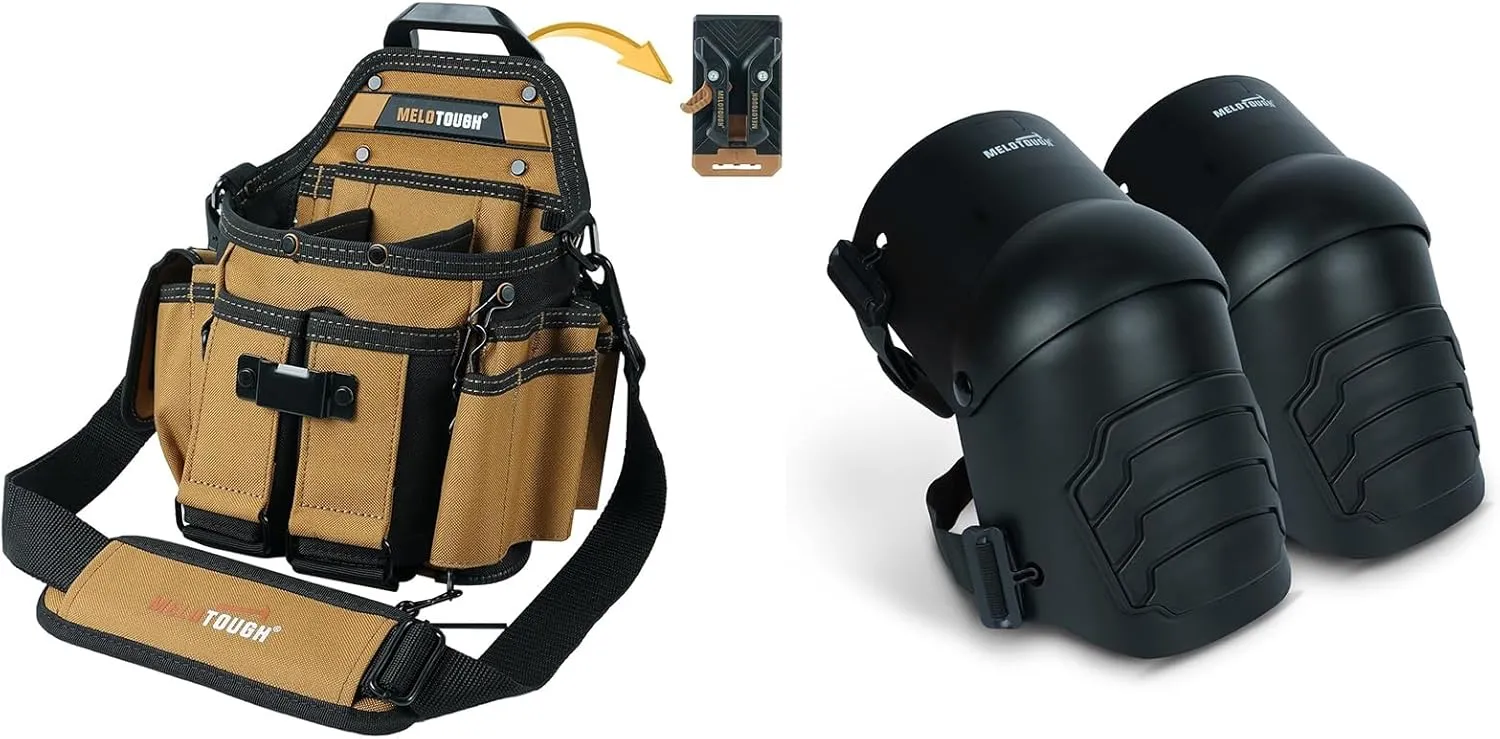 MELOTOUGH Electrician Tool Pouch Bag with Shoulder Strap Professional 15 Pockets Tool Pouch with Belt Clip,Knee Pads for Work,Construction,Flooring,Gardening-Comfortable and Flexible
