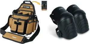 MELOTOUGH Electrician Tool Pouch Bag with Shoulder Strap Professional 15 Pockets Tool Pouch with Belt Clip,Knee Pads for Work,Construction,Flooring,Gardening-Comfortable and Flexible