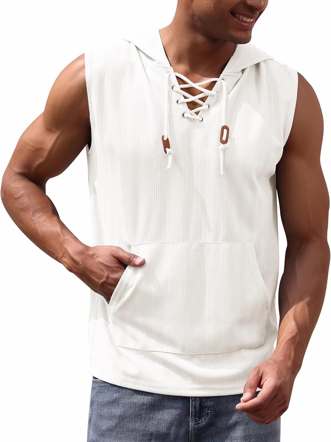 Men's Sleeveless Hooded Tank Top Pullover Cut Off Shirts with Pocket Hoodies Tank Tops Vest Casual Workout