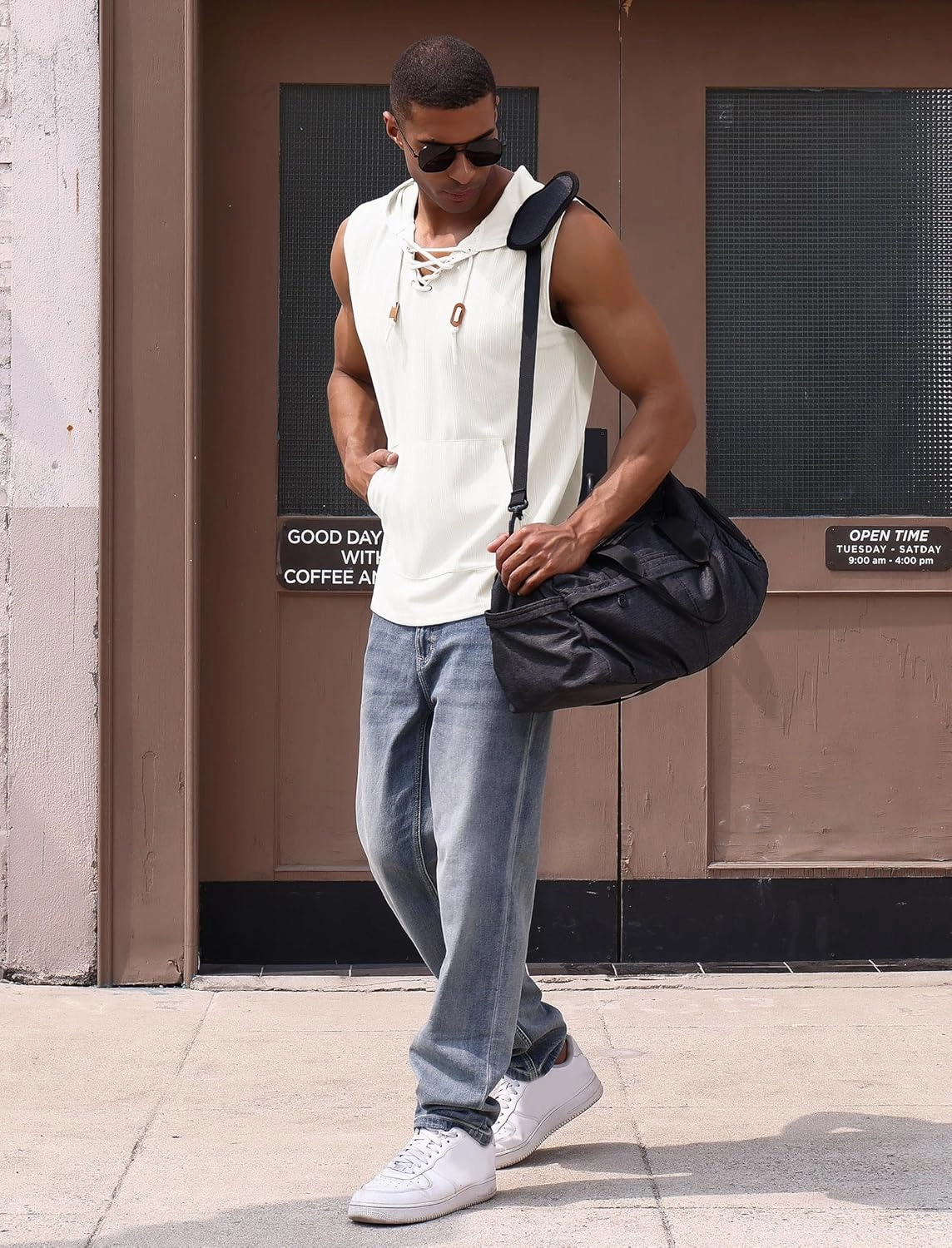 Men's Sleeveless Hooded Tank Top Pullover Cut Off Shirts with Pocket Hoodies Tank Tops Vest Casual Workout