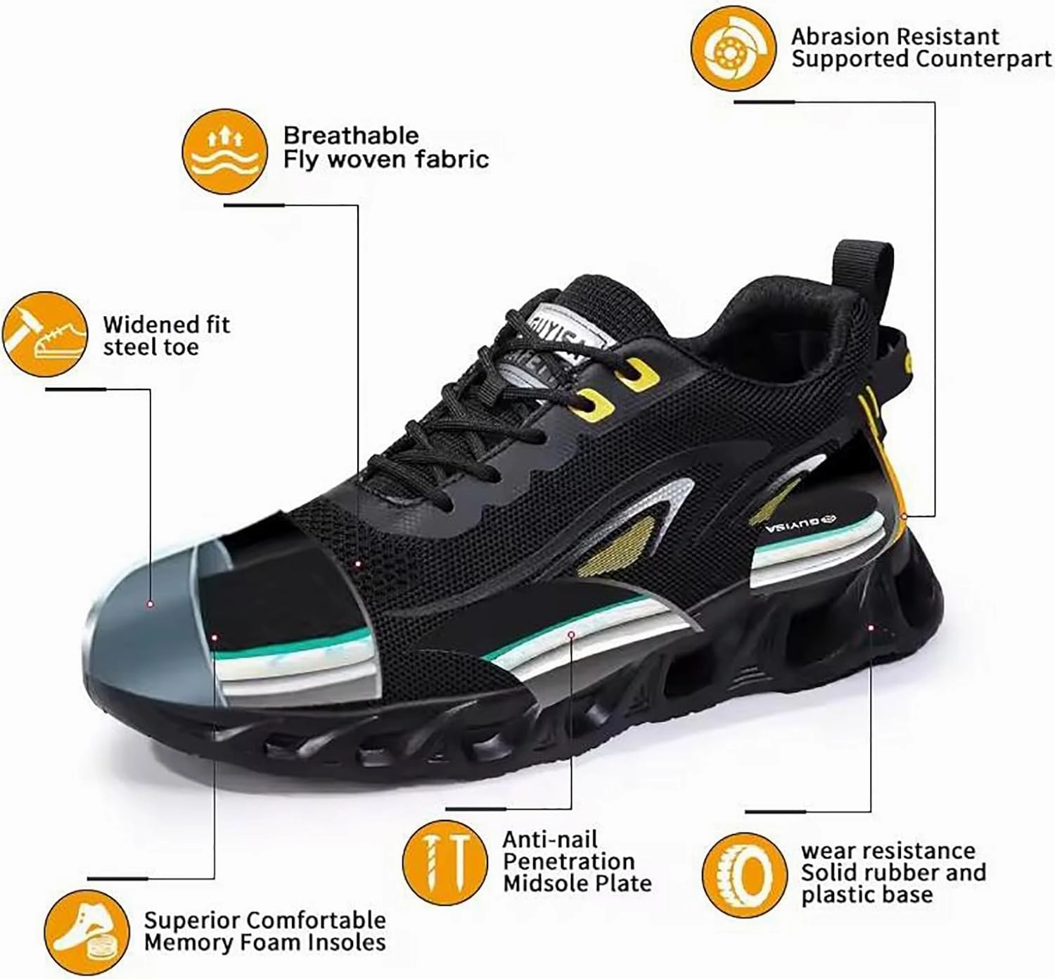 Men's Work Shoes, Safety Trainers Shoes, Anti-Smash and Anti-stab, Steel Toe Cap, Light and Breathable, Soft and Comfortable, 15KN Pressure Resistance,44,J