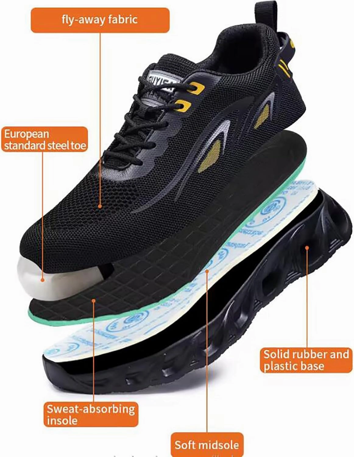 Men's Work Shoes, Safety Trainers Shoes, Anti-Smash and Anti-stab, Steel Toe Cap, Light and Breathable, Soft and Comfortable, 15KN Pressure Resistance,44,J