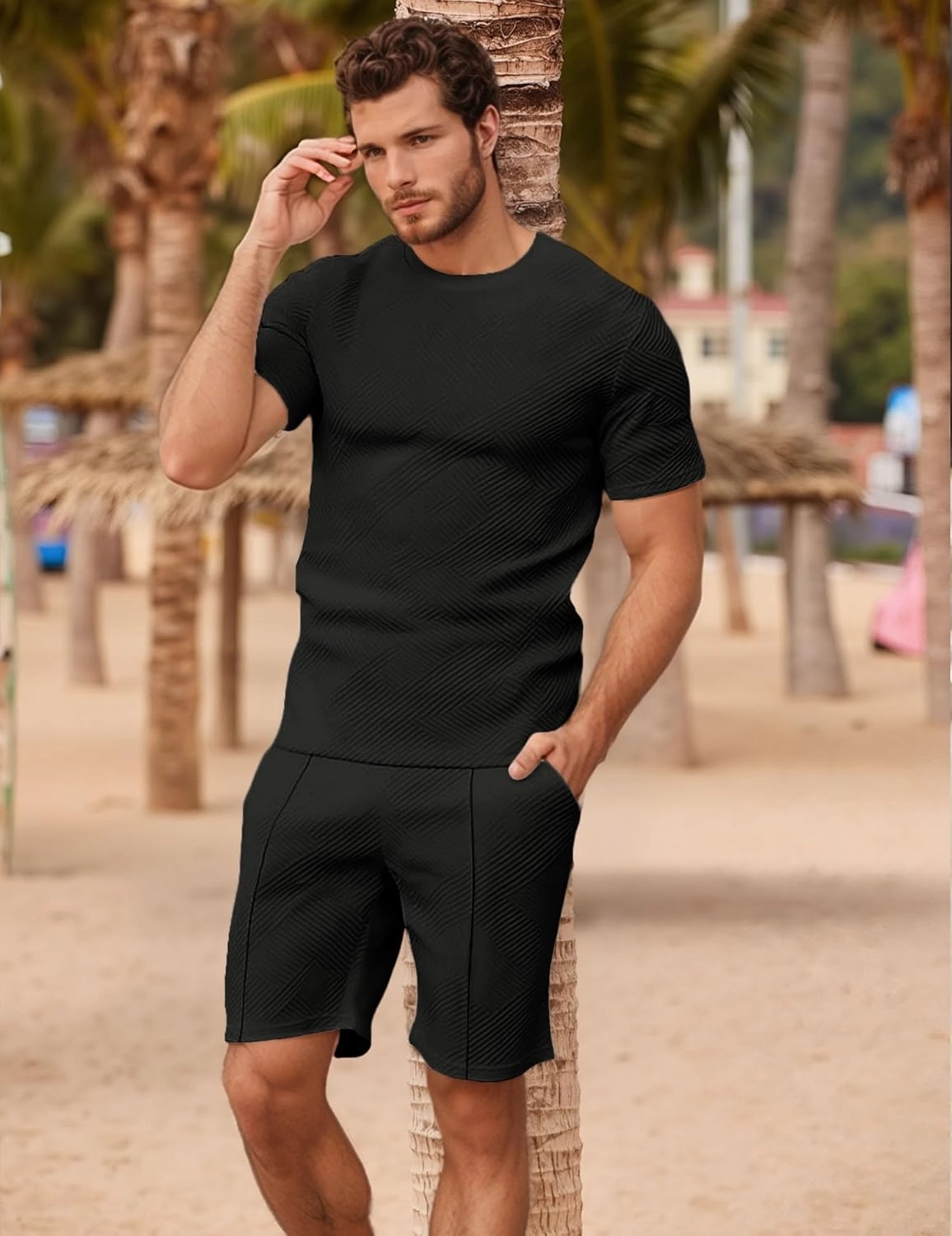 Mens Track Suits 2 Piece Set T Shirts Shorts Sets Fashion Retro Textured Sweatsuit Vacation Cruise Outfits