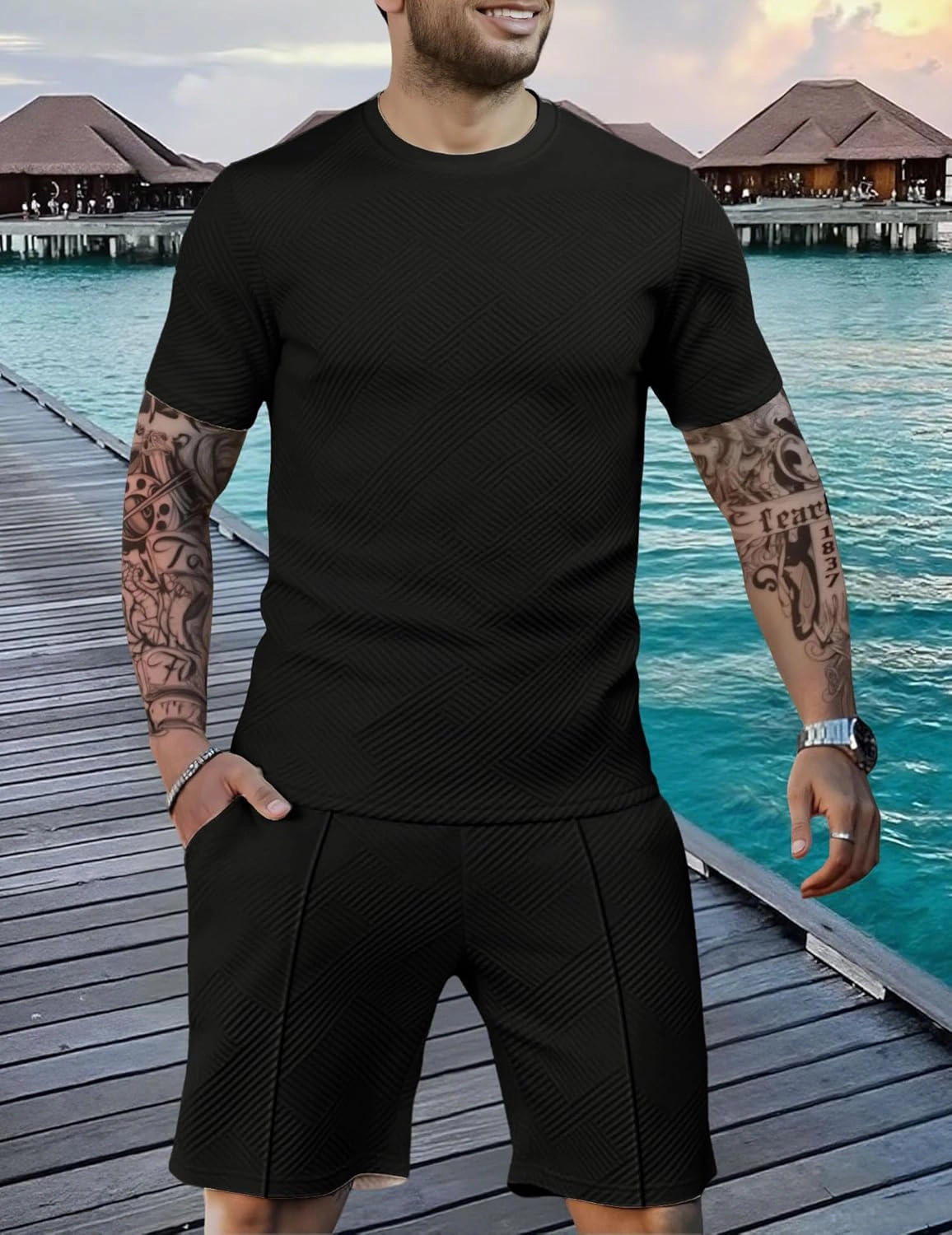 Mens Track Suits 2 Piece Set T Shirts Shorts Sets Fashion Retro Textured Sweatsuit Vacation Cruise Outfits