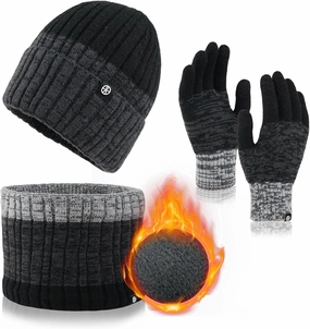 Mens Womens Winter Beanie Hat Scarf Gloves Set, Touchscreen Gloves Neck Warmer Scarf Fleece Lined Knit Skull Caps Winter Gift