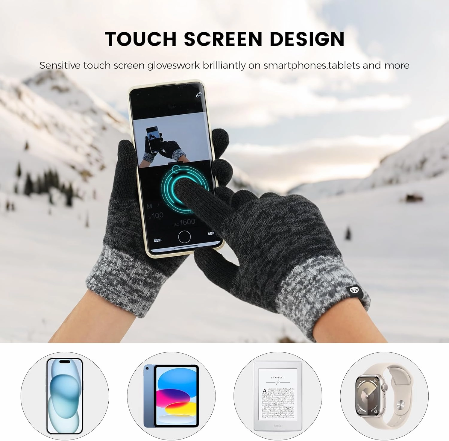 Mens Womens Winter Beanie Hat Scarf Gloves Set, Touchscreen Gloves Neck Warmer Scarf Fleece Lined Knit Skull Caps Winter Gift